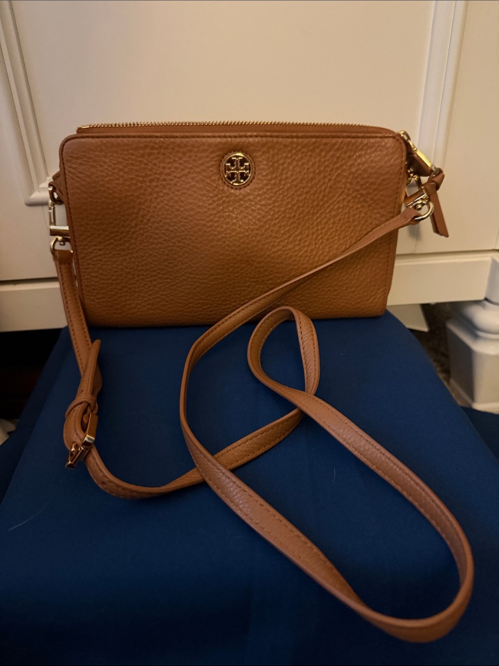 Tory Burch Tan Pebbled Leather Crossbody with Gold Logo